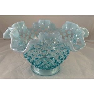 Very Nice Vintage Fenton 1950s Baby Blue Opalescent Hobnail Ruffle Bowl 6 3/4"